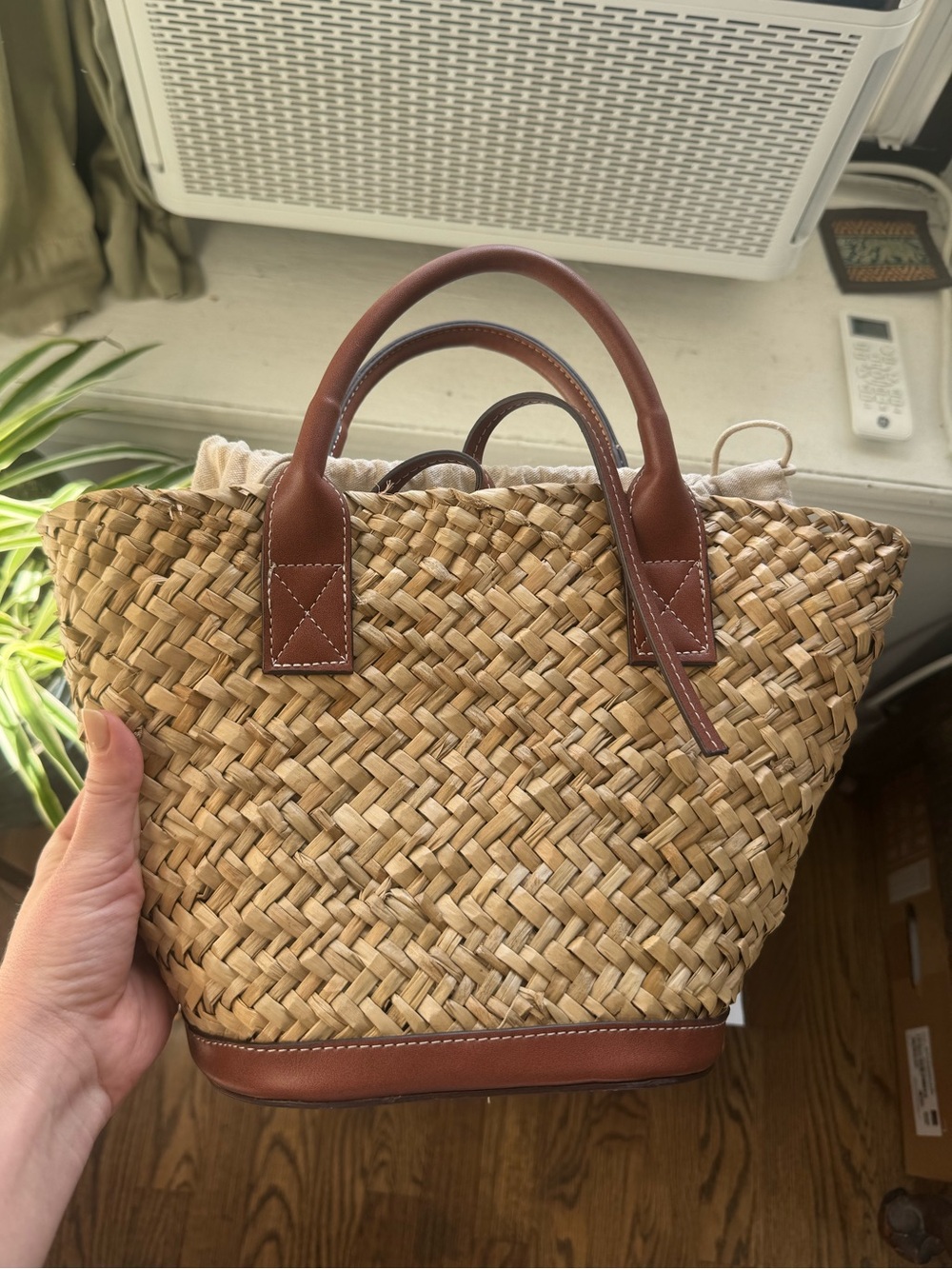 Zara Woven Straw Basket Purse with Brown Leather Trim